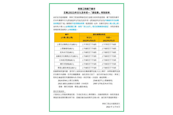 東華三院轄下廟宇 壬寅(2022)年廿九及年初一「頭炷香」特別安排